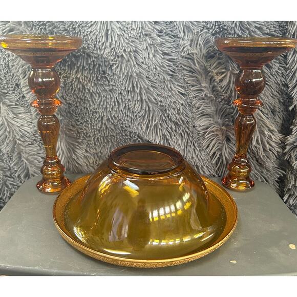 Tiffin Bowl and Candlestick Set Amber Glass Engraved Floral Gold Encrusted MCM - Picture 8 of 8